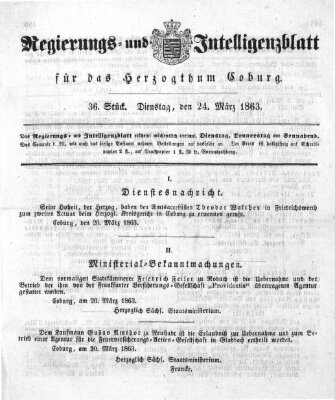 Regierungs- und Intelligenzblatt für das Herzogtum Coburg (Coburger Regierungs-Blatt) Dienstag 24. März 1863