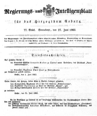 Regierungs- und Intelligenzblatt für das Herzogtum Coburg (Coburger Regierungs-Blatt) Samstag 27. Juni 1863