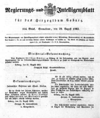 Regierungs- und Intelligenzblatt für das Herzogtum Coburg (Coburger Regierungs-Blatt) Samstag 29. August 1863