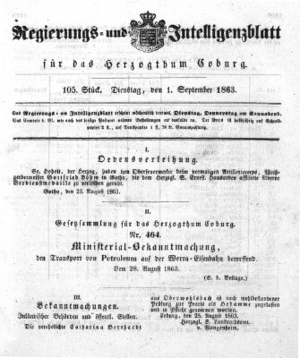 Regierungs- und Intelligenzblatt für das Herzogtum Coburg (Coburger Regierungs-Blatt) Dienstag 1. September 1863