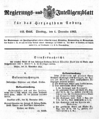 Regierungs- und Intelligenzblatt für das Herzogtum Coburg (Coburger Regierungs-Blatt) Dienstag 1. Dezember 1863