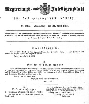 Regierungs- und Intelligenzblatt für das Herzogtum Coburg (Coburger Regierungs-Blatt) Donnerstag 21. April 1864