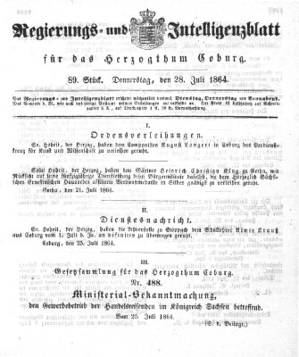 Regierungs- und Intelligenzblatt für das Herzogtum Coburg (Coburger Regierungs-Blatt) Donnerstag 28. Juli 1864