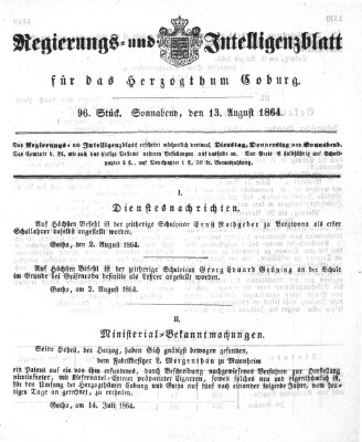 Regierungs- und Intelligenzblatt für das Herzogtum Coburg (Coburger Regierungs-Blatt) Samstag 13. August 1864