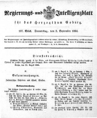 Regierungs- und Intelligenzblatt für das Herzogtum Coburg (Coburger Regierungs-Blatt) Donnerstag 8. September 1864