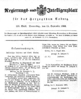 Regierungs- und Intelligenzblatt für das Herzogtum Coburg (Coburger Regierungs-Blatt) Donnerstag 15. September 1864