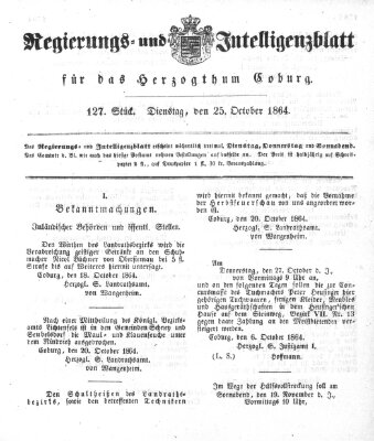 Regierungs- und Intelligenzblatt für das Herzogtum Coburg (Coburger Regierungs-Blatt) Dienstag 25. Oktober 1864