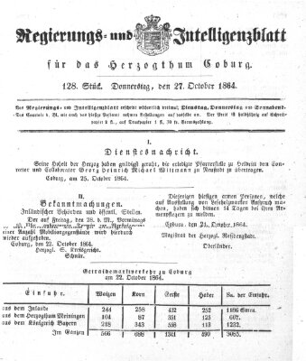Regierungs- und Intelligenzblatt für das Herzogtum Coburg (Coburger Regierungs-Blatt) Donnerstag 27. Oktober 1864