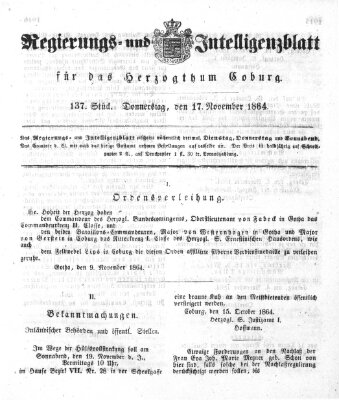 Regierungs- und Intelligenzblatt für das Herzogtum Coburg (Coburger Regierungs-Blatt) Donnerstag 17. November 1864