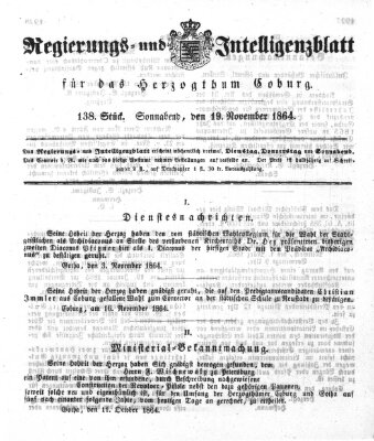 Regierungs- und Intelligenzblatt für das Herzogtum Coburg (Coburger Regierungs-Blatt) Samstag 19. November 1864