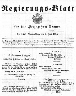 Regierungs-Blatt für das Herzogtum Coburg (Coburger Regierungs-Blatt) Donnerstag 1. Juni 1865