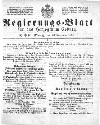Regierungs-Blatt für das Herzogtum Coburg (Coburger Regierungs-Blatt) Mittwoch 28. November 1866