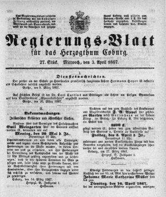 Regierungs-Blatt für das Herzogtum Coburg (Coburger Regierungs-Blatt) Mittwoch 3. April 1867
