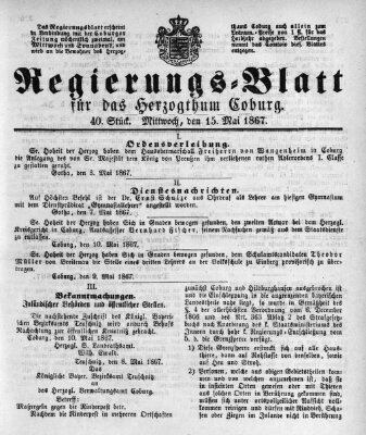 Regierungs-Blatt für das Herzogtum Coburg (Coburger Regierungs-Blatt) Mittwoch 15. Mai 1867