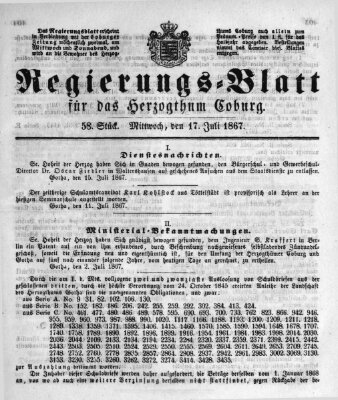 Regierungs-Blatt für das Herzogtum Coburg (Coburger Regierungs-Blatt) Mittwoch 17. Juli 1867