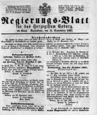 Regierungs-Blatt für das Herzogtum Coburg (Coburger Regierungs-Blatt) Samstag 21. September 1867