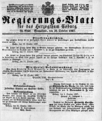 Regierungs-Blatt für das Herzogtum Coburg (Coburger Regierungs-Blatt) Samstag 26. Oktober 1867