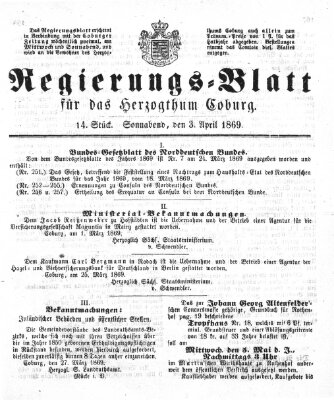 Regierungs-Blatt für das Herzogtum Coburg (Coburger Regierungs-Blatt) Samstag 3. April 1869