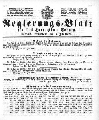 Regierungs-Blatt für das Herzogtum Coburg (Coburger Regierungs-Blatt) Samstag 17. Juli 1869