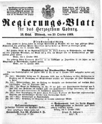 Regierungs-Blatt für das Herzogtum Coburg (Coburger Regierungs-Blatt) Mittwoch 20. Oktober 1869