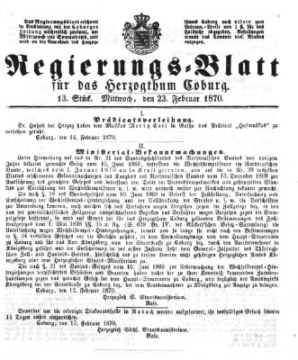 Regierungs-Blatt für das Herzogtum Coburg (Coburger Regierungs-Blatt) Mittwoch 23. Februar 1870