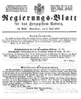 Regierungs-Blatt für das Herzogtum Coburg (Coburger Regierungs-Blatt) Samstag 2. April 1870