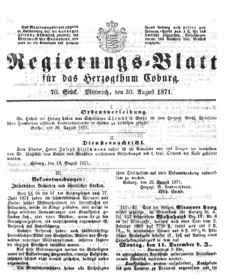 Regierungs-Blatt für das Herzogtum Coburg (Coburger Regierungs-Blatt) Mittwoch 30. August 1871