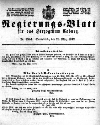Regierungs-Blatt für das Herzogtum Coburg (Coburger Regierungs-Blatt) Samstag 23. März 1872