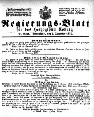 Regierungs-Blatt für das Herzogtum Coburg (Coburger Regierungs-Blatt) Samstag 7. Dezember 1872