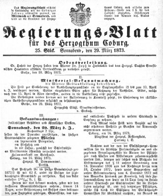 Regierungs-Blatt für das Herzogtum Coburg (Coburger Regierungs-Blatt) Samstag 29. März 1873