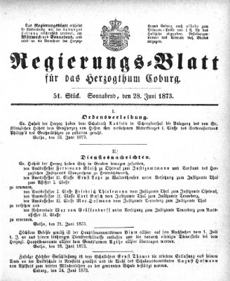 Regierungs-Blatt für das Herzogtum Coburg (Coburger Regierungs-Blatt) Samstag 28. Juni 1873