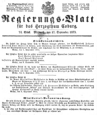 Regierungs-Blatt für das Herzogtum Coburg (Coburger Regierungs-Blatt) Mittwoch 17. September 1873