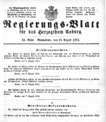 Regierungs-Blatt für das Herzogtum Coburg (Coburger Regierungs-Blatt) Samstag 15. August 1874