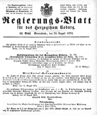 Regierungs-Blatt für das Herzogtum Coburg (Coburger Regierungs-Blatt) Samstag 29. August 1874