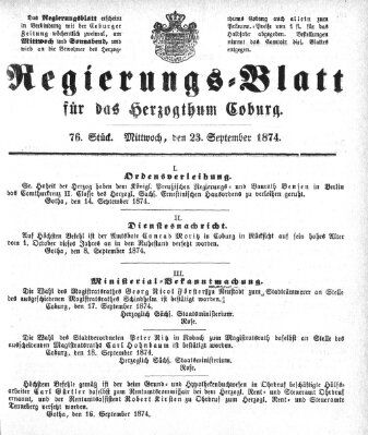 Regierungs-Blatt für das Herzogtum Coburg (Coburger Regierungs-Blatt) Mittwoch 23. September 1874