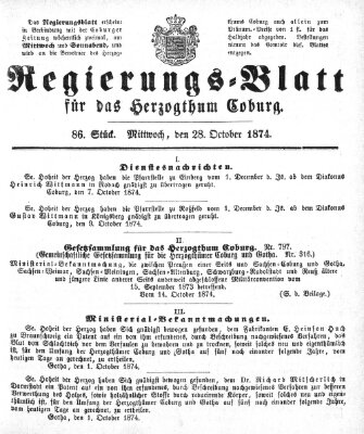 Regierungs-Blatt für das Herzogtum Coburg (Coburger Regierungs-Blatt) Mittwoch 28. Oktober 1874