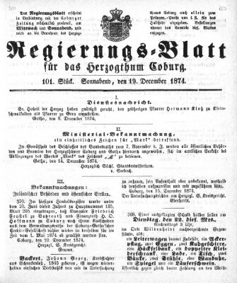 Regierungs-Blatt für das Herzogtum Coburg (Coburger Regierungs-Blatt) Samstag 19. Dezember 1874
