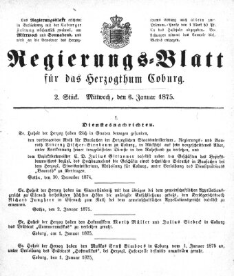 Regierungs-Blatt für das Herzogtum Coburg (Coburger Regierungs-Blatt) Mittwoch 6. Januar 1875