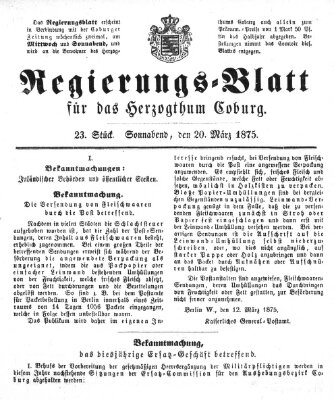 Regierungs-Blatt für das Herzogtum Coburg (Coburger Regierungs-Blatt) Samstag 20. März 1875
