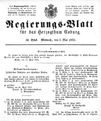 Regierungs-Blatt für das Herzogtum Coburg (Coburger Regierungs-Blatt) Mittwoch 5. Mai 1875
