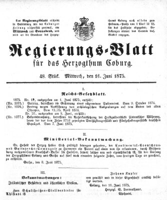 Regierungs-Blatt für das Herzogtum Coburg (Coburger Regierungs-Blatt) Mittwoch 16. Juni 1875