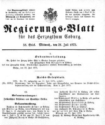 Regierungs-Blatt für das Herzogtum Coburg (Coburger Regierungs-Blatt) Mittwoch 21. Juli 1875