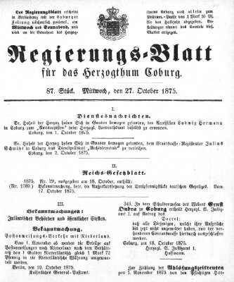 Regierungs-Blatt für das Herzogtum Coburg (Coburger Regierungs-Blatt) Mittwoch 27. Oktober 1875