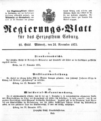 Regierungs-Blatt für das Herzogtum Coburg (Coburger Regierungs-Blatt) Mittwoch 24. November 1875