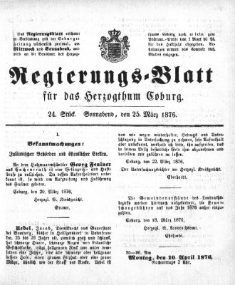 Regierungs-Blatt für das Herzogtum Coburg (Coburger Regierungs-Blatt) Samstag 25. März 1876