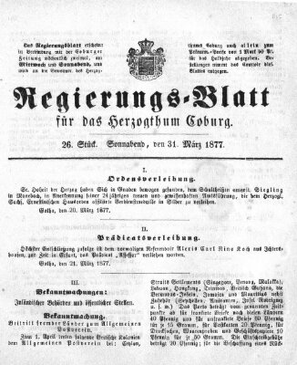 Regierungs-Blatt für das Herzogtum Coburg (Coburger Regierungs-Blatt) Samstag 31. März 1877