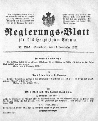 Regierungs-Blatt für das Herzogtum Coburg (Coburger Regierungs-Blatt) Samstag 17. November 1877