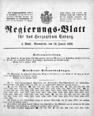 Regierungs-Blatt für das Herzogtum Coburg (Coburger Regierungs-Blatt) Samstag 12. Januar 1878