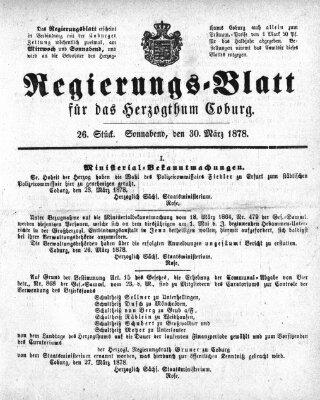 Regierungs-Blatt für das Herzogtum Coburg (Coburger Regierungs-Blatt) Samstag 30. März 1878