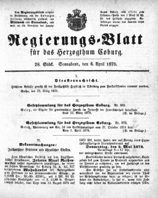 Regierungs-Blatt für das Herzogtum Coburg (Coburger Regierungs-Blatt) Samstag 6. April 1878